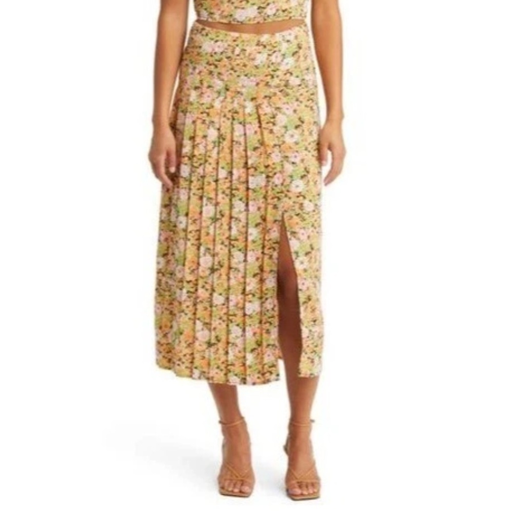Open Edit Pleated Midi Skirt Orange Multi Meadow Floral Size XL